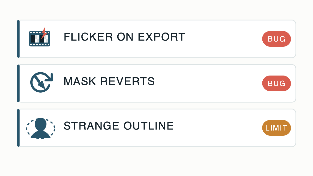 Three CapCut remove-background failure symptoms and their verdicts: export-only flicker (bug), manual mask edits reverting (bug), and strange outlines or eaten limbs (model limit).