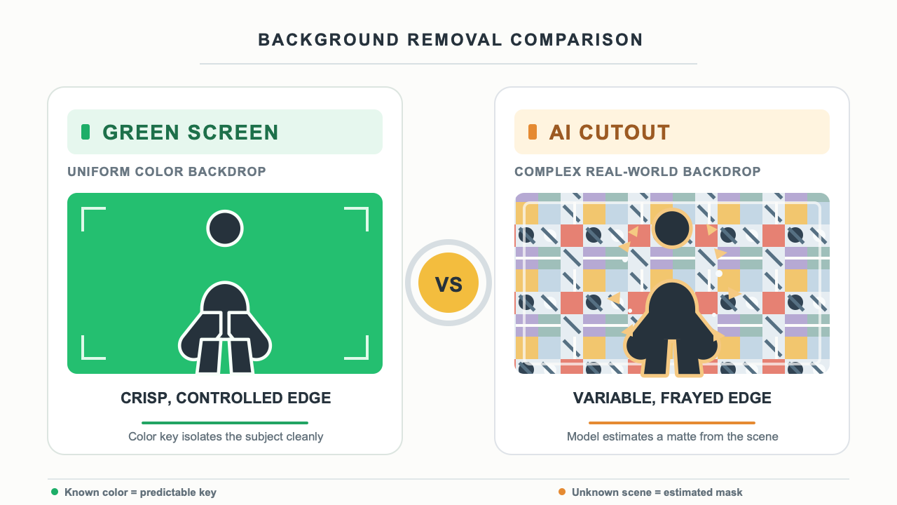 Green screen versus AI cutout comparison: left column shows a person silhouette on solid green with a crisp edge; right column shows the same silhouette on a busy patterned background with a frayed edge.