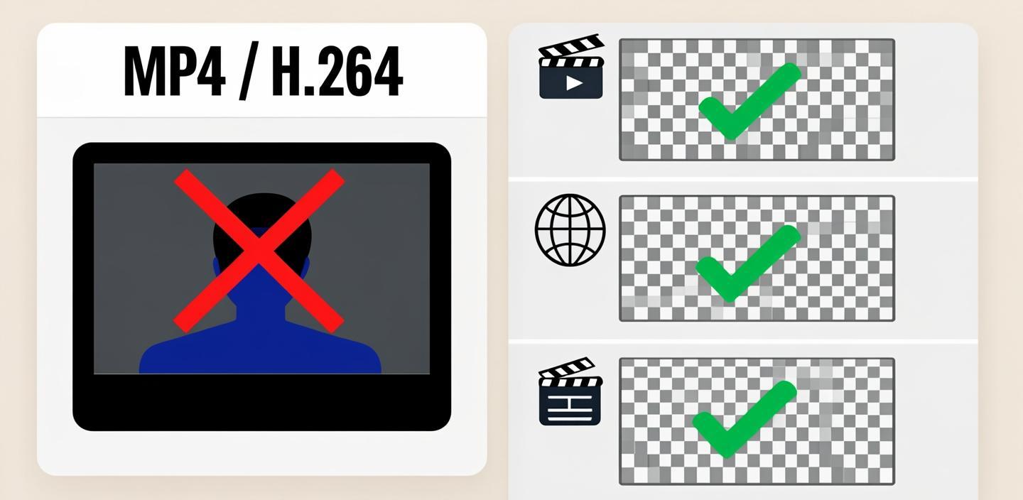 MP4 with H.264 marked with a red X because its pixel formats carry no alpha channel, versus ProRes 4444, WebM VP9 and PNG sequence cards shown with checkerboard transparency swatches and green check marks.
