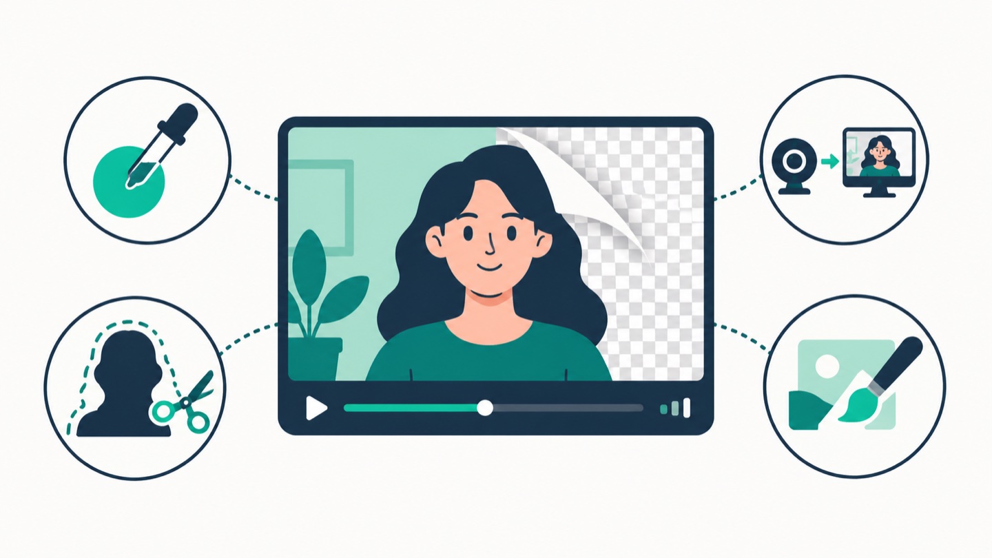 Video background remover guide: a person silhouette in a video frame with the background half peeled away, flanked by four method icons — a green key eyedropper, a cutout scissors, a virtual camera meeting window and a generated-backdrop brush.